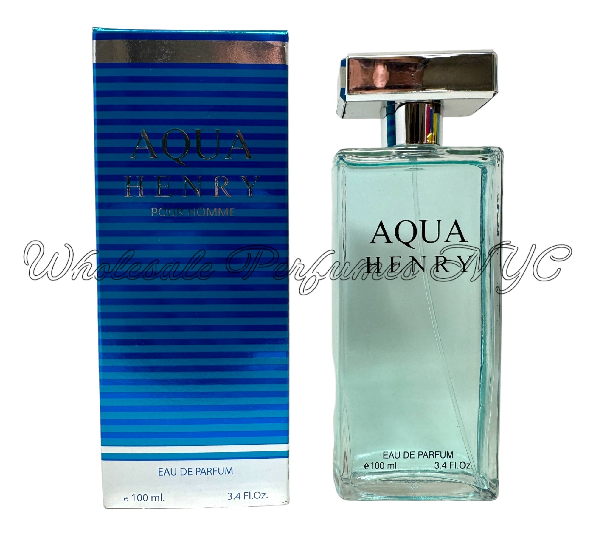 Aqua Henry for Men Eau de Parfum spray in a sleek blue bottle, 3.4oz size, inspired by Davidoff's Cool Water.