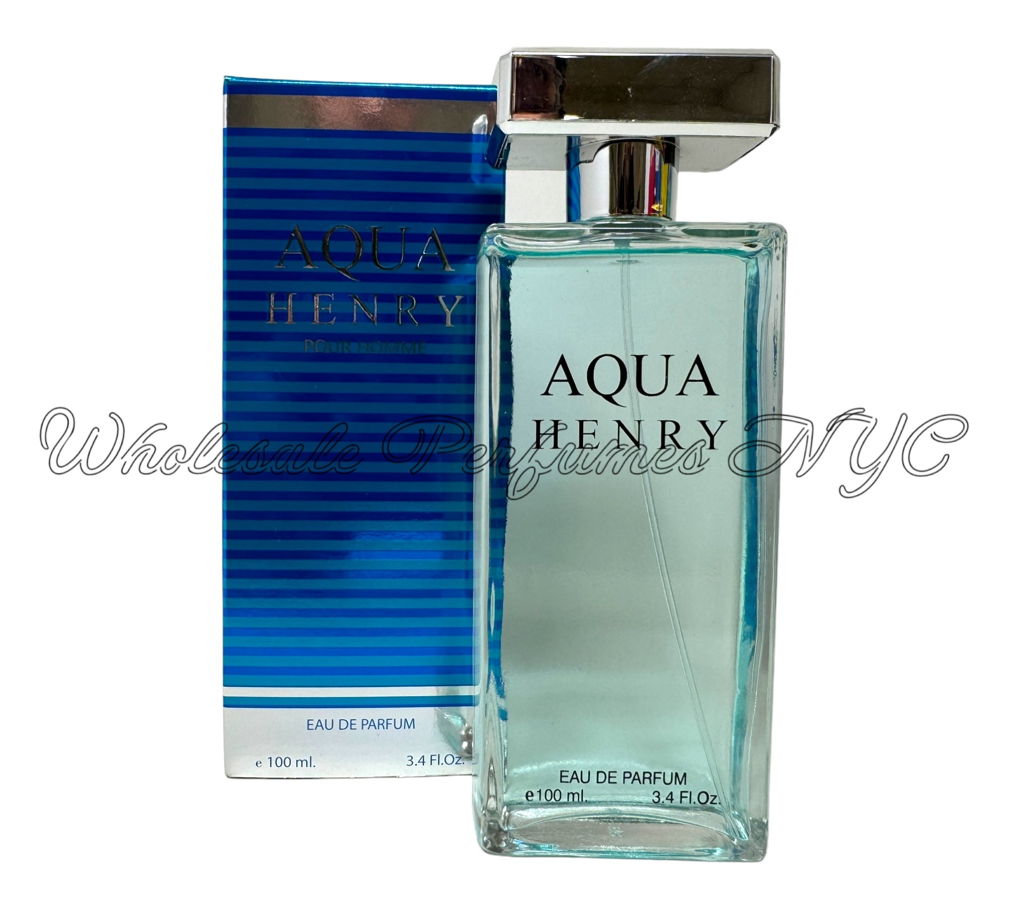 Aqua Henry for Men Eau de Parfum spray in a sleek blue bottle, 3.4oz size, inspired by Davidoff's Cool Water.