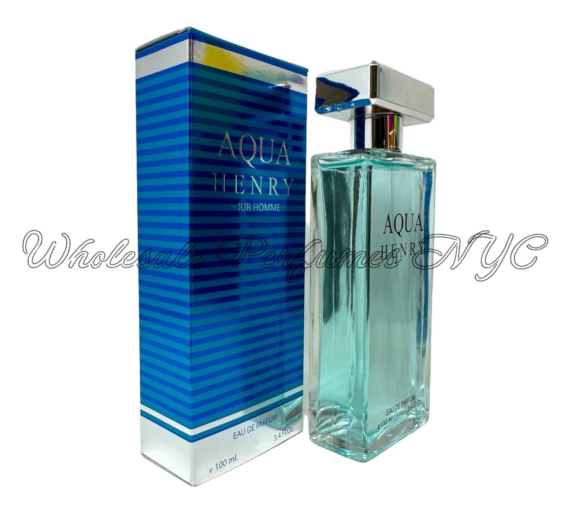 Aqua Henry for Men Eau de Parfum spray in a sleek blue bottle, 3.4oz size, inspired by Davidoff's Cool Water.