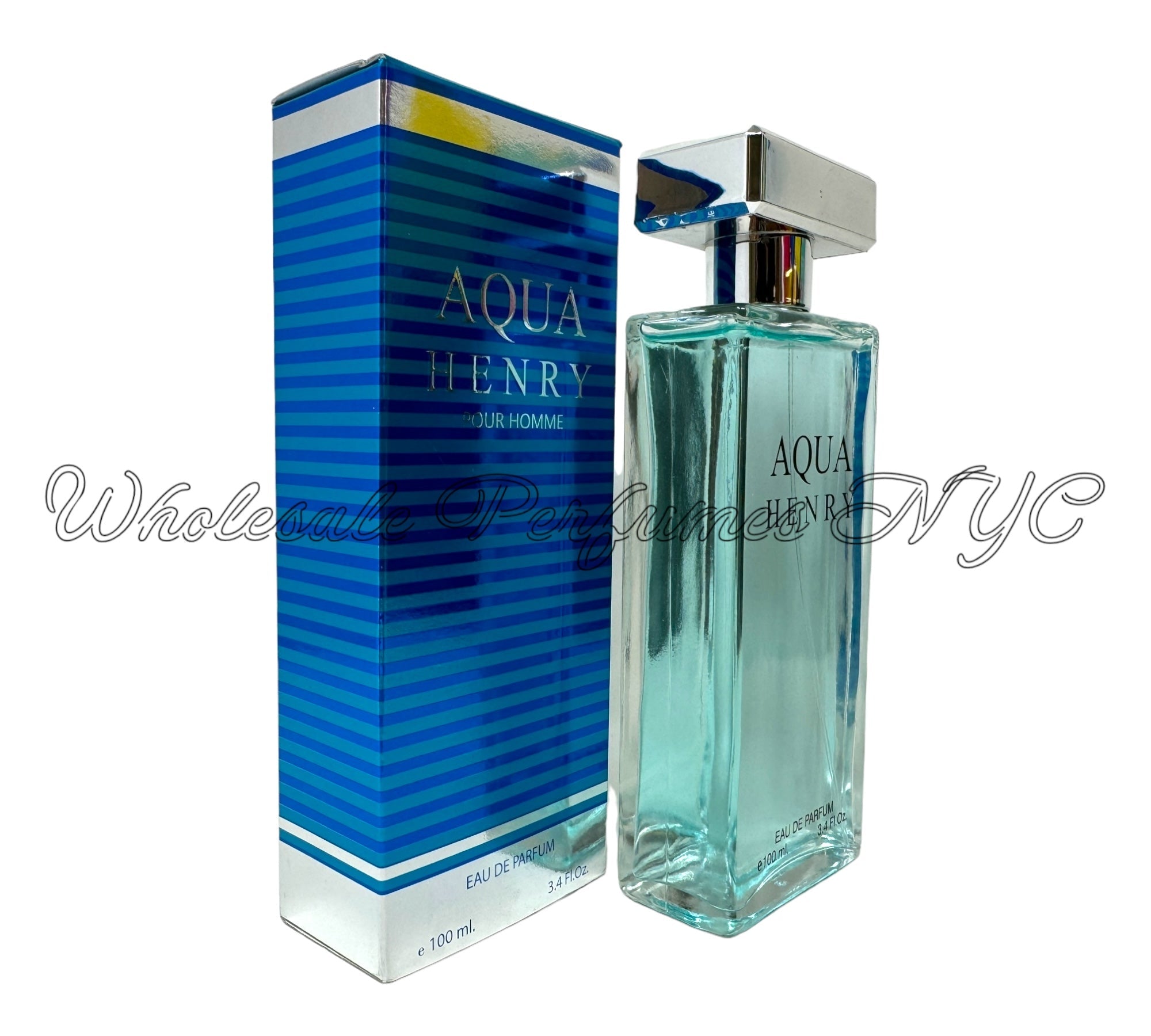 Aqua Henry for Men Eau de Parfum spray in a sleek blue bottle, 3.4oz size, inspired by Davidoff's Cool Water.