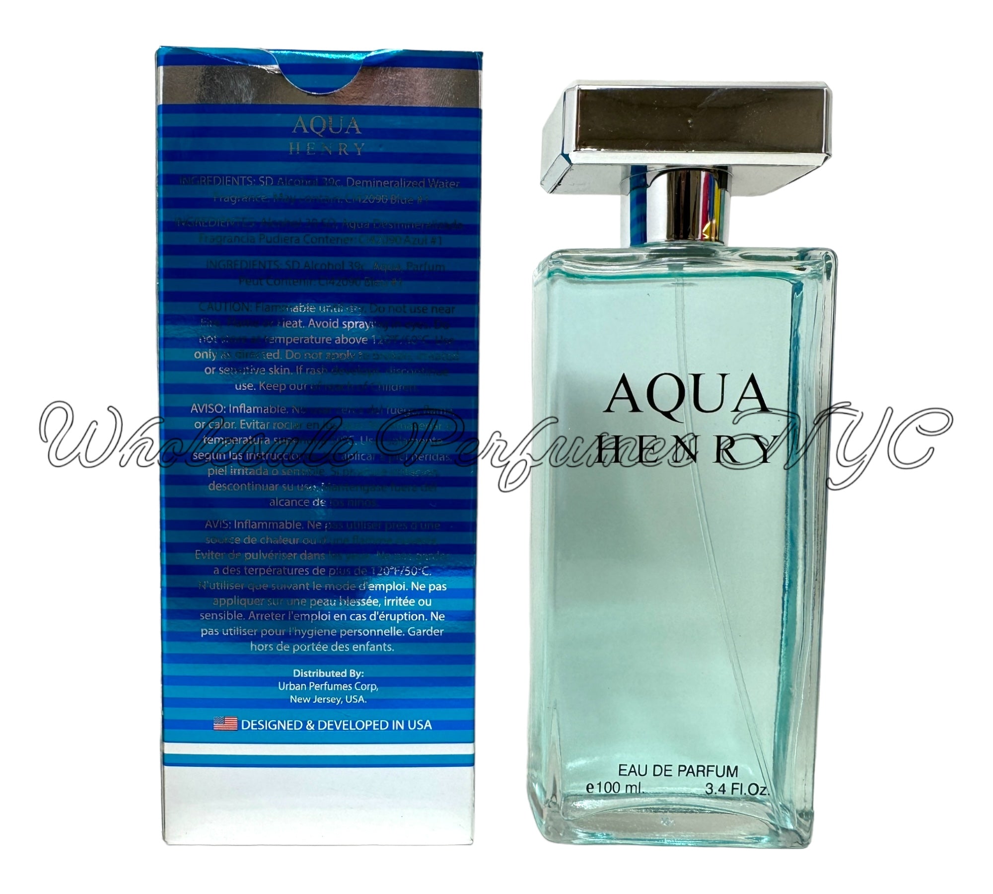 Aqua Henry for Men Eau de Parfum spray in a sleek blue bottle, 3.4oz size, inspired by Davidoff's Cool Water.