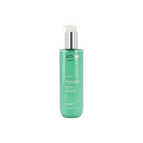 Biotherm Aquasource Facial Milky Lotion in a sleek bottle, showcasing its milky texture and hydrating properties.