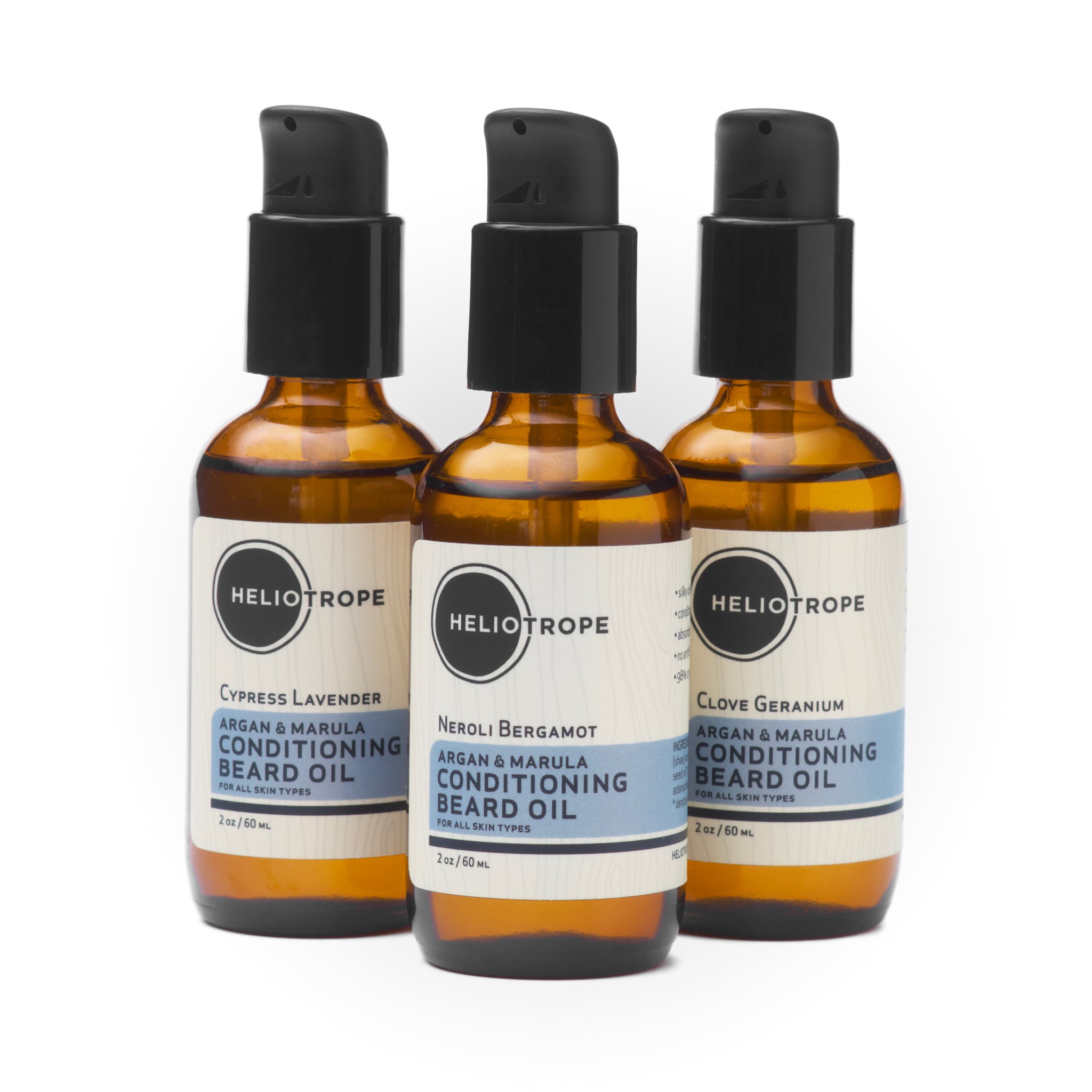 Bottle of Argan & Marula Conditioning Beard Oil with essential oil blends, showcasing its organic ingredients and sleek design.