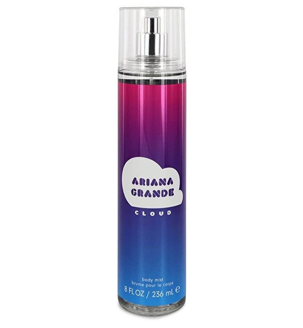 Ariana Grande Cloud Body Mist in a stylish bottle with a whimsical design, showcasing its light blue color.