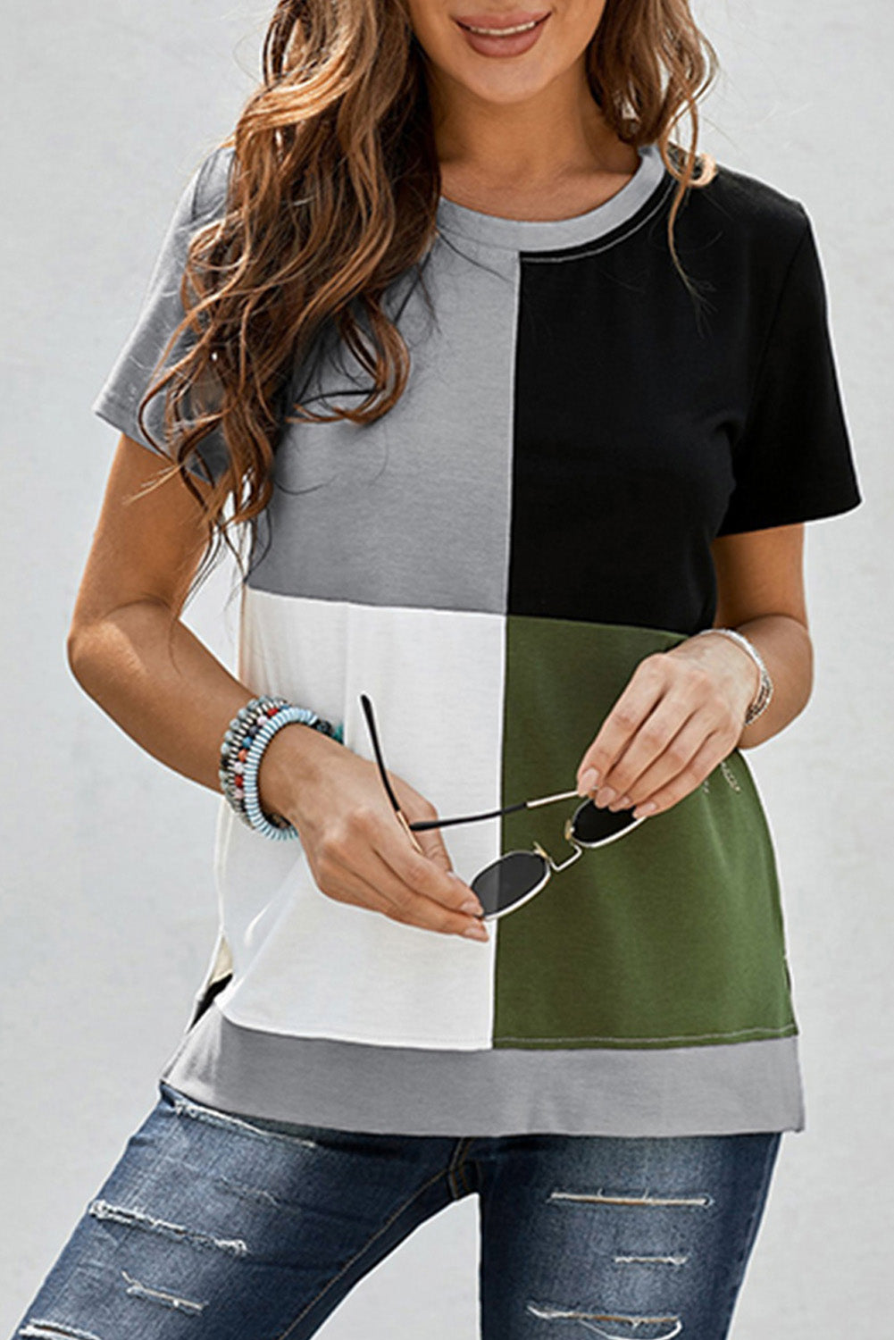 Army Green Colorblock T-shirt featuring stylish side slits and a relaxed fit, perfect for casual wear.