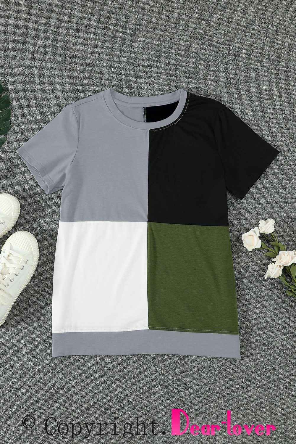 Army Green Colorblock T-shirt featuring stylish side slits and a relaxed fit, perfect for casual wear.