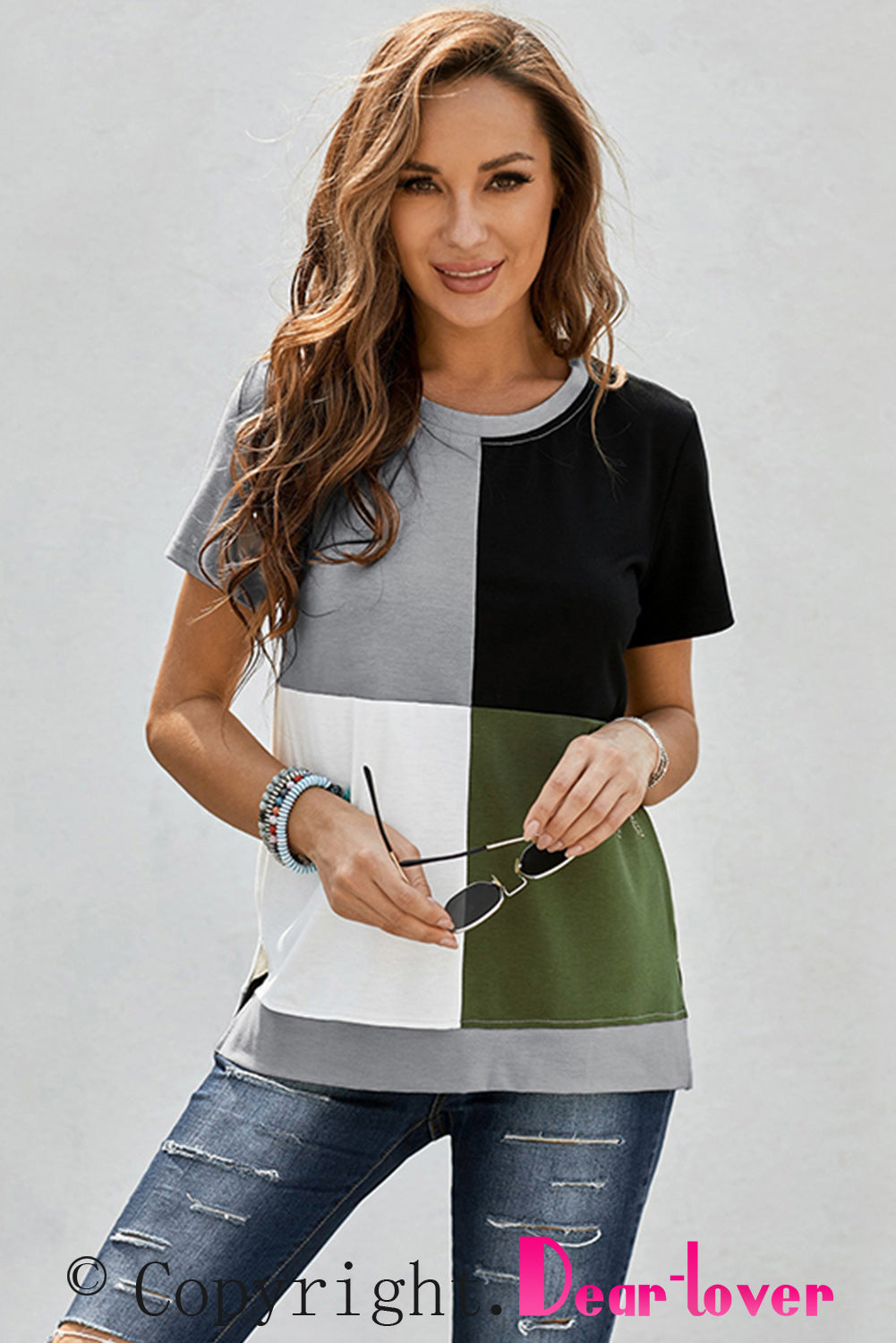 Army Green Colorblock T-shirt featuring stylish side slits and a relaxed fit, perfect for casual wear.