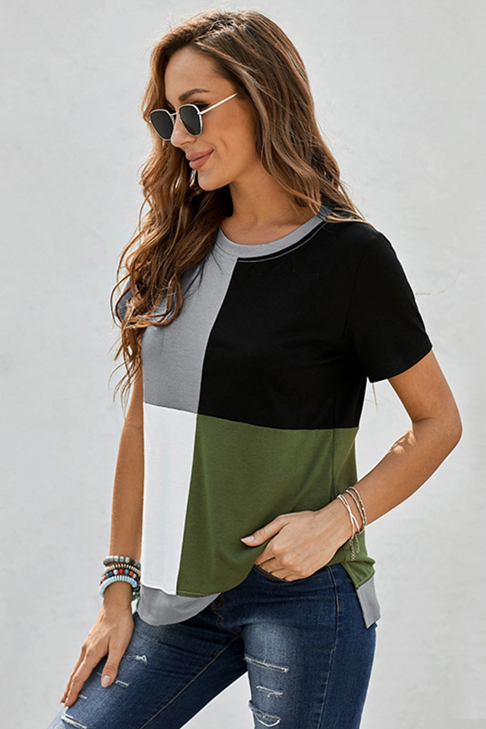 Army Green Colorblock T-shirt featuring stylish side slits and a relaxed fit, perfect for casual wear.