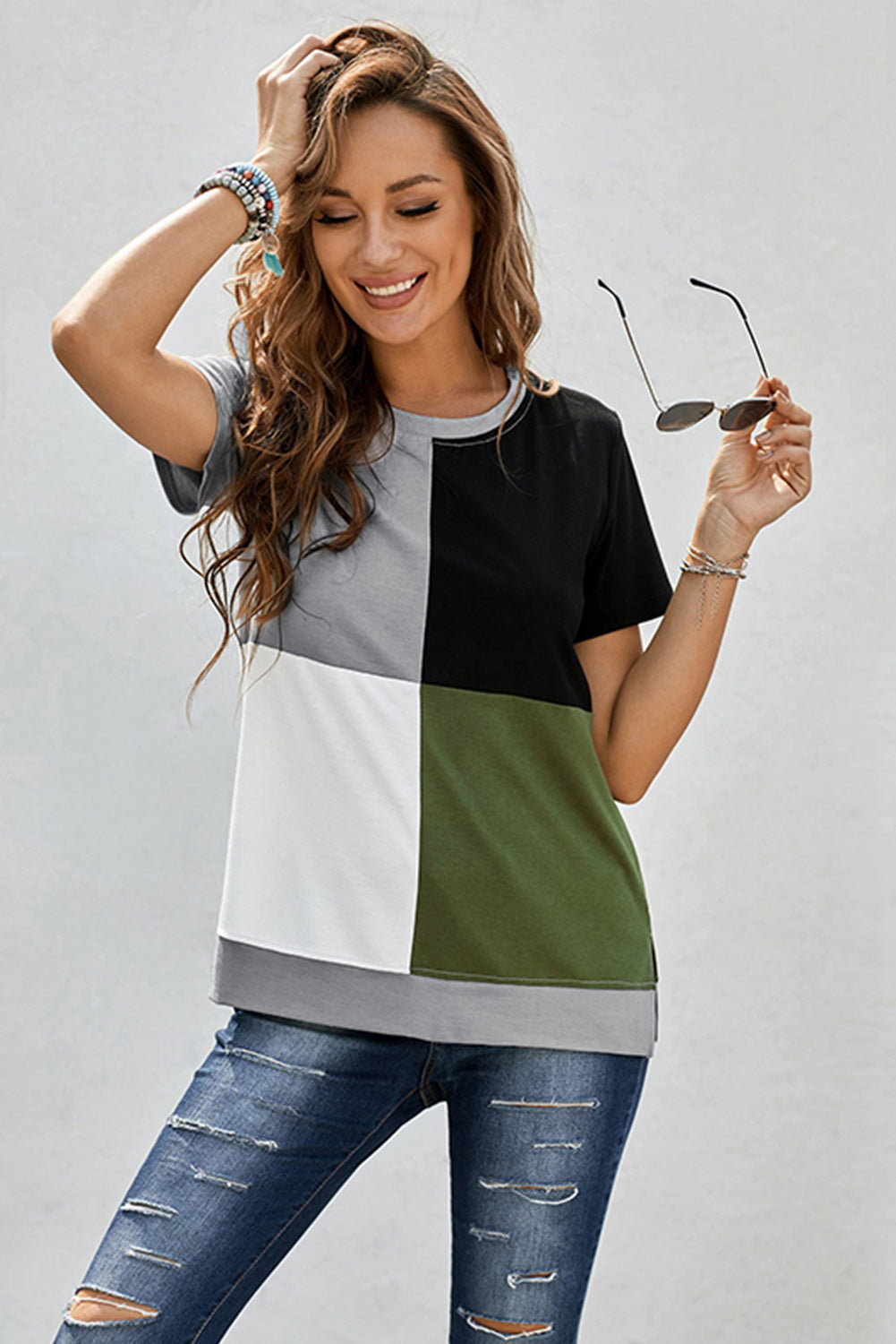 Army Green Colorblock T-shirt featuring stylish side slits and a relaxed fit, perfect for casual wear.