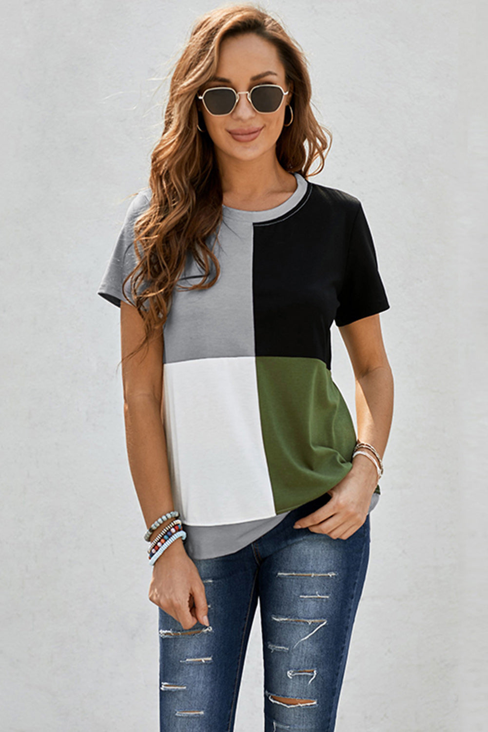 Army Green Colorblock T-shirt featuring stylish side slits and a relaxed fit, perfect for casual wear.