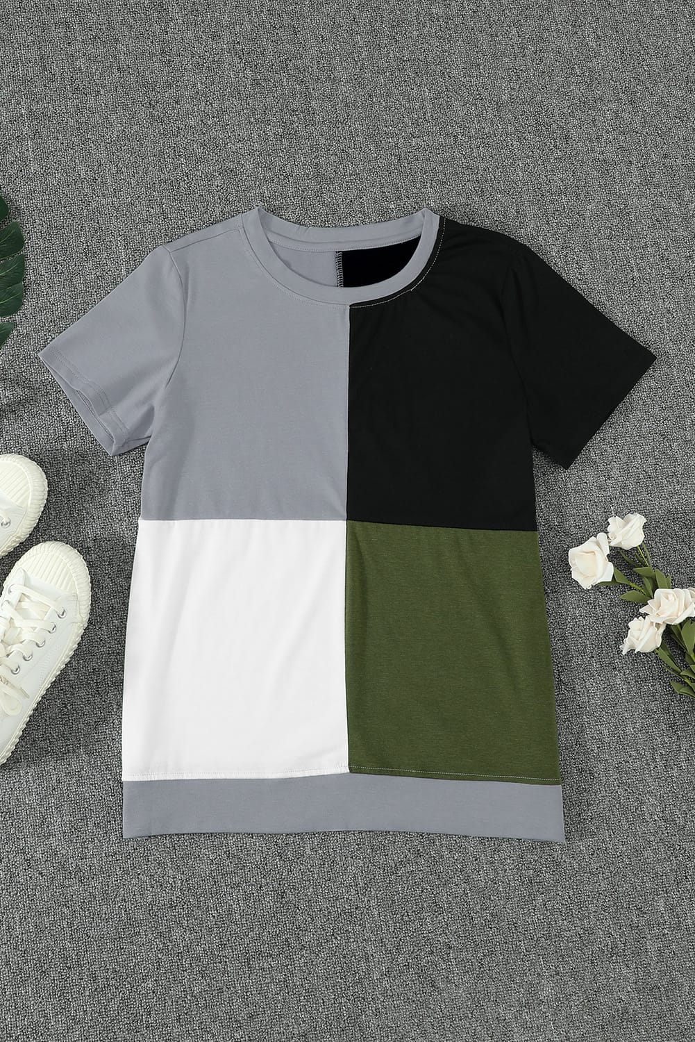 Army Green Colorblock T-shirt featuring stylish side slits and a relaxed fit, perfect for casual wear.