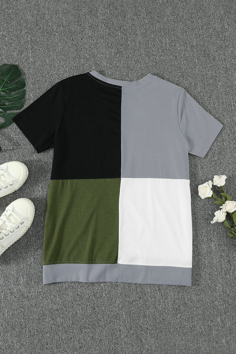 Army Green Colorblock T-shirt featuring stylish side slits and a relaxed fit, perfect for casual wear.