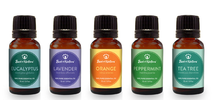 Aromatherapy Essential Oil Gift Set featuring five essential oils in a clear gift box, including lavender, eucalyptus, tea tree, peppermint, and orange.