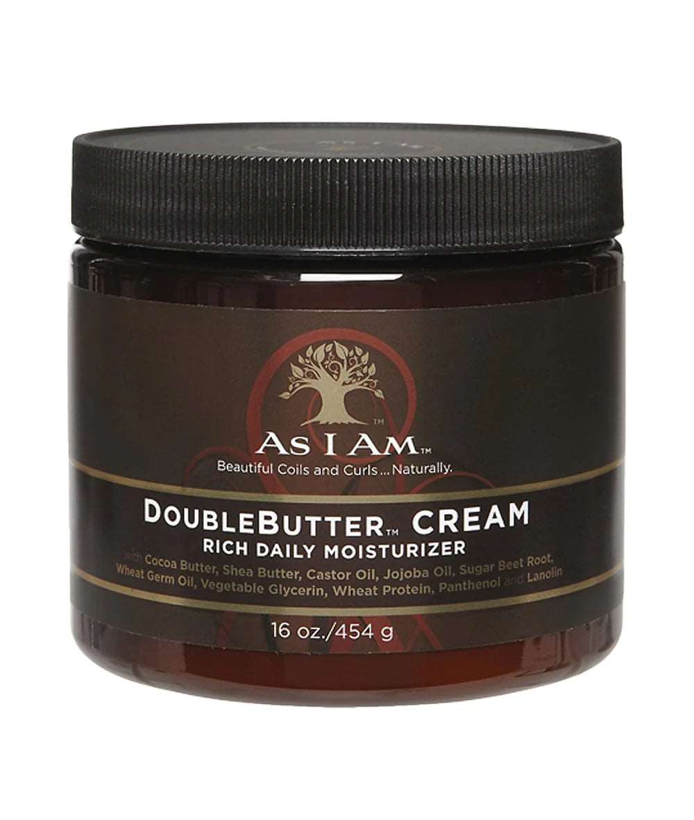 As I Am Double Butter Cream 16Oz jar with a rich, creamy texture, showcasing its natural ingredients like cocoa and shea butter.