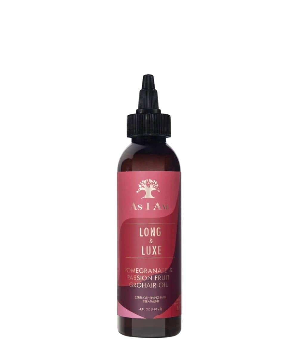 As I Am Long And Luxe Pomegranate & Passion Fruit Grohair Oil 4oz bottle with a vibrant label showcasing its natural ingredients.