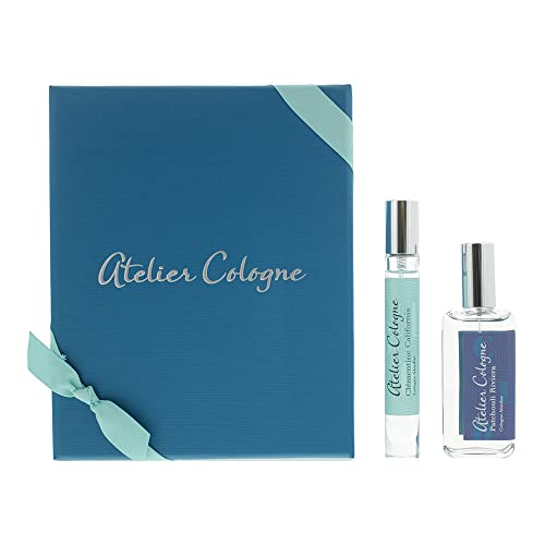 Atelier Cologne Gift Set featuring 30ml Patchouli Riviera and 10ml Clémentine California colognes in a luxurious leather case.