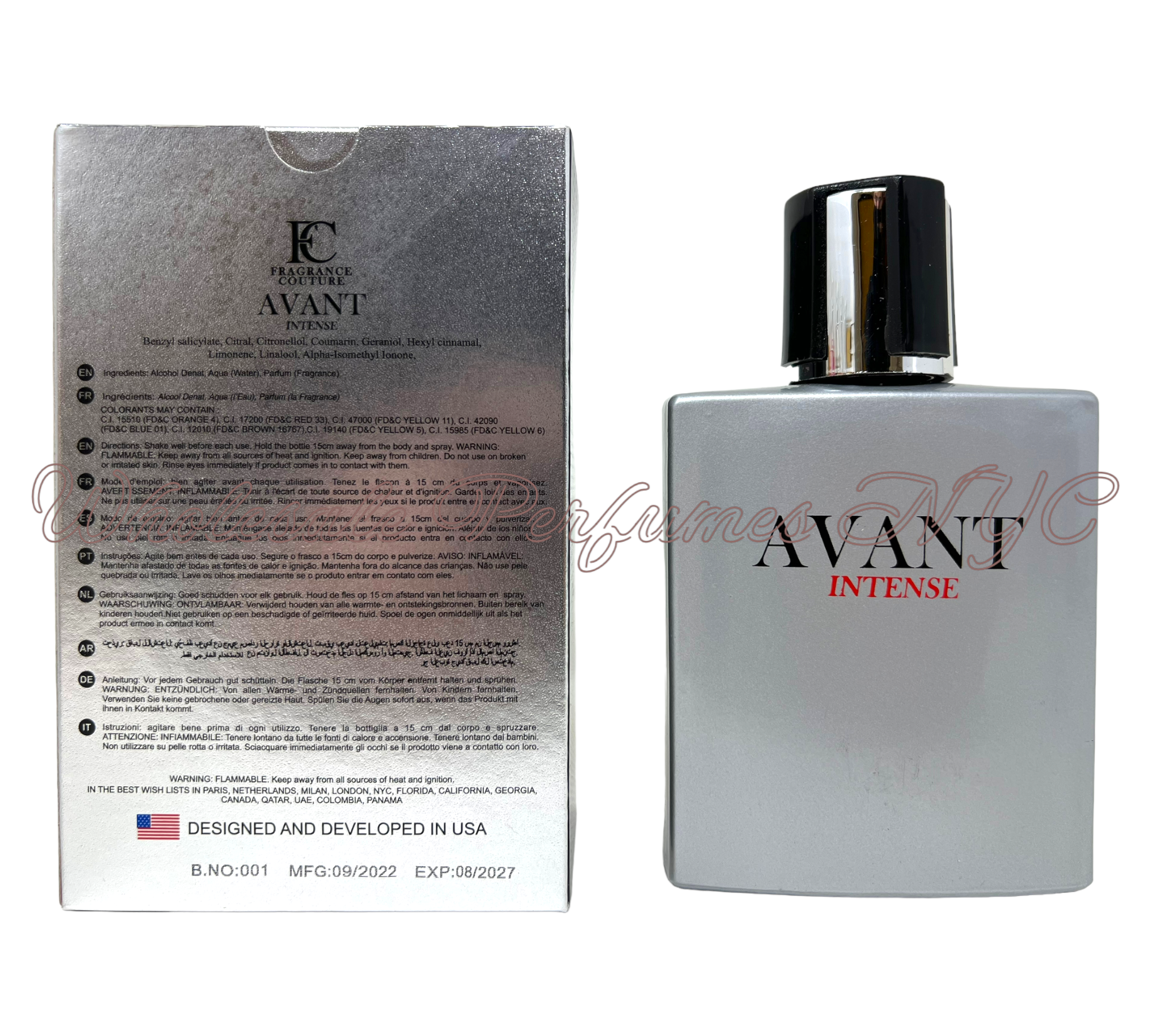 A sleek 3.4oz bottle of Avant Intense for Men Eau de Toilette spray, showcasing its elegant design and luxurious appeal.