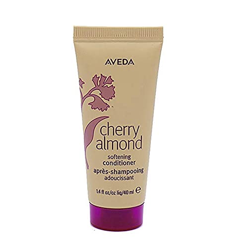 Aveda Cherry Almond Softening Conditioner bottle with cherry and almond illustrations, showcasing its nourishing properties.