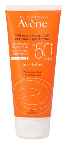 Avène Eau Thermale Sun Lotion SPF50+ in a 100ml bottle, designed for sensitive skin protection against sun damage.