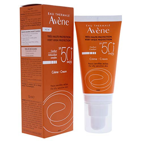 Avène Suncare Mineral Cream for Face SPF50+ in a 50ml tube, designed for sensitive skin protection against UV rays.