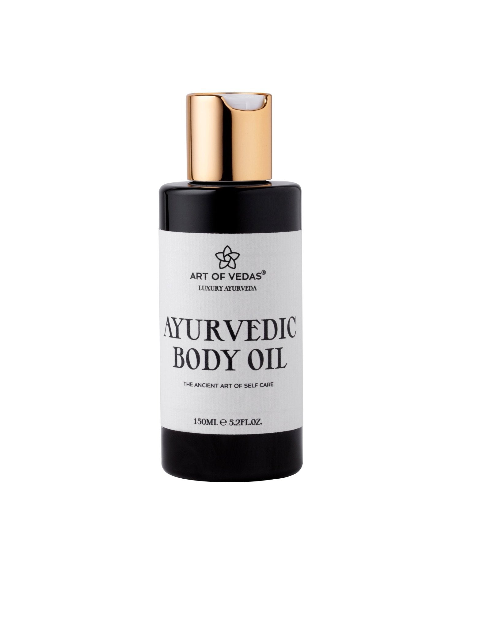 A bottle of Ayurvedic Body Oil featuring a blend of Sesame, Avocado, and Jojoba oils, surrounded by natural ingredients and herbs.