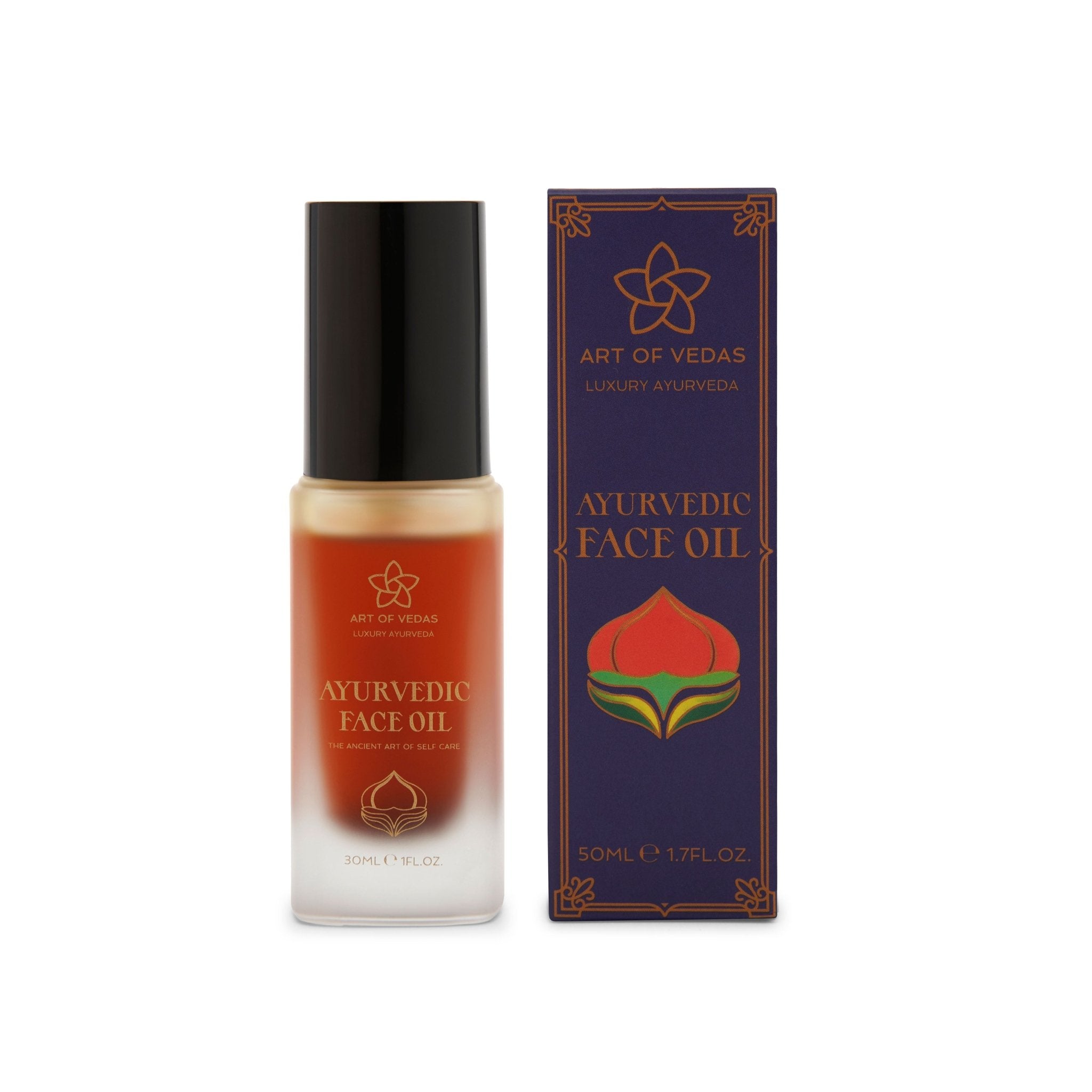 Art of Vedas Ayurvedic Face Oil bottle with a dropper, showcasing its organic ingredients and elegant packaging.