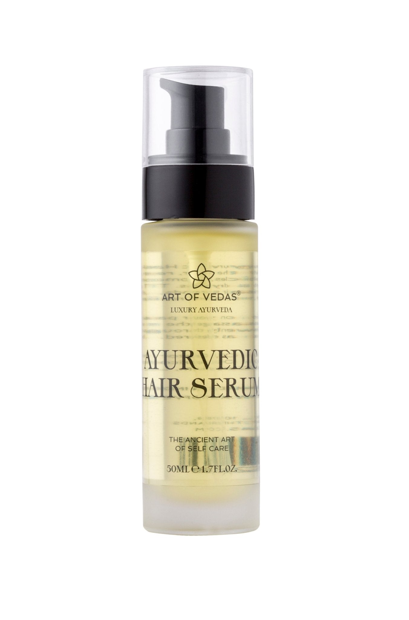 A bottle of Ayurvedic Hair Serum with a dropper, surrounded by natural ingredients like Amla and Coconut Oil.