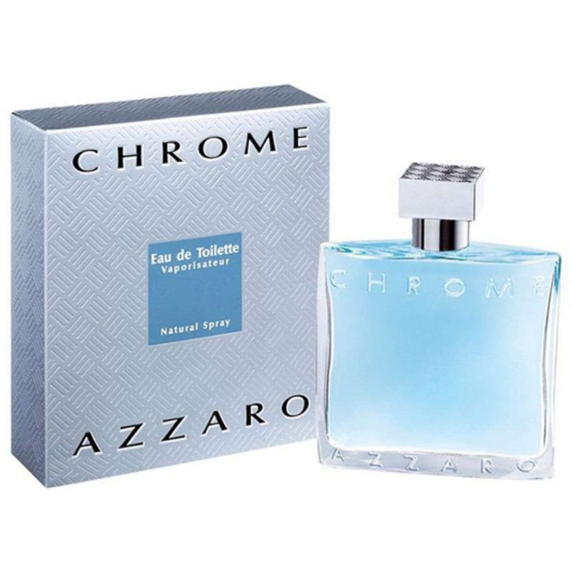 Azzaro Chrome Eau de Toilette bottle showcasing its sleek design and elegant branding.