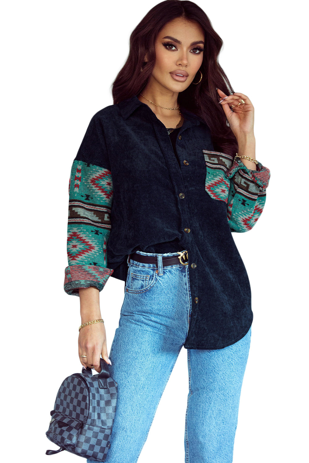 Aztec Pattern Sleeve Pocketed Corduroy Shacket featuring a stylish design with a collar, long sleeves, and a bust pocket.