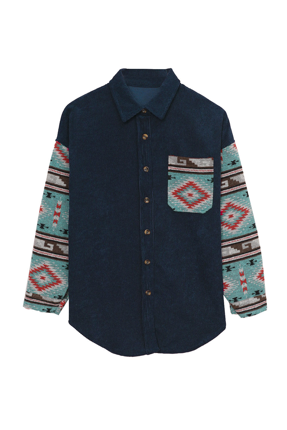 Aztec Pattern Sleeve Pocketed Corduroy Shacket featuring a stylish design with a collar, long sleeves, and a bust pocket.