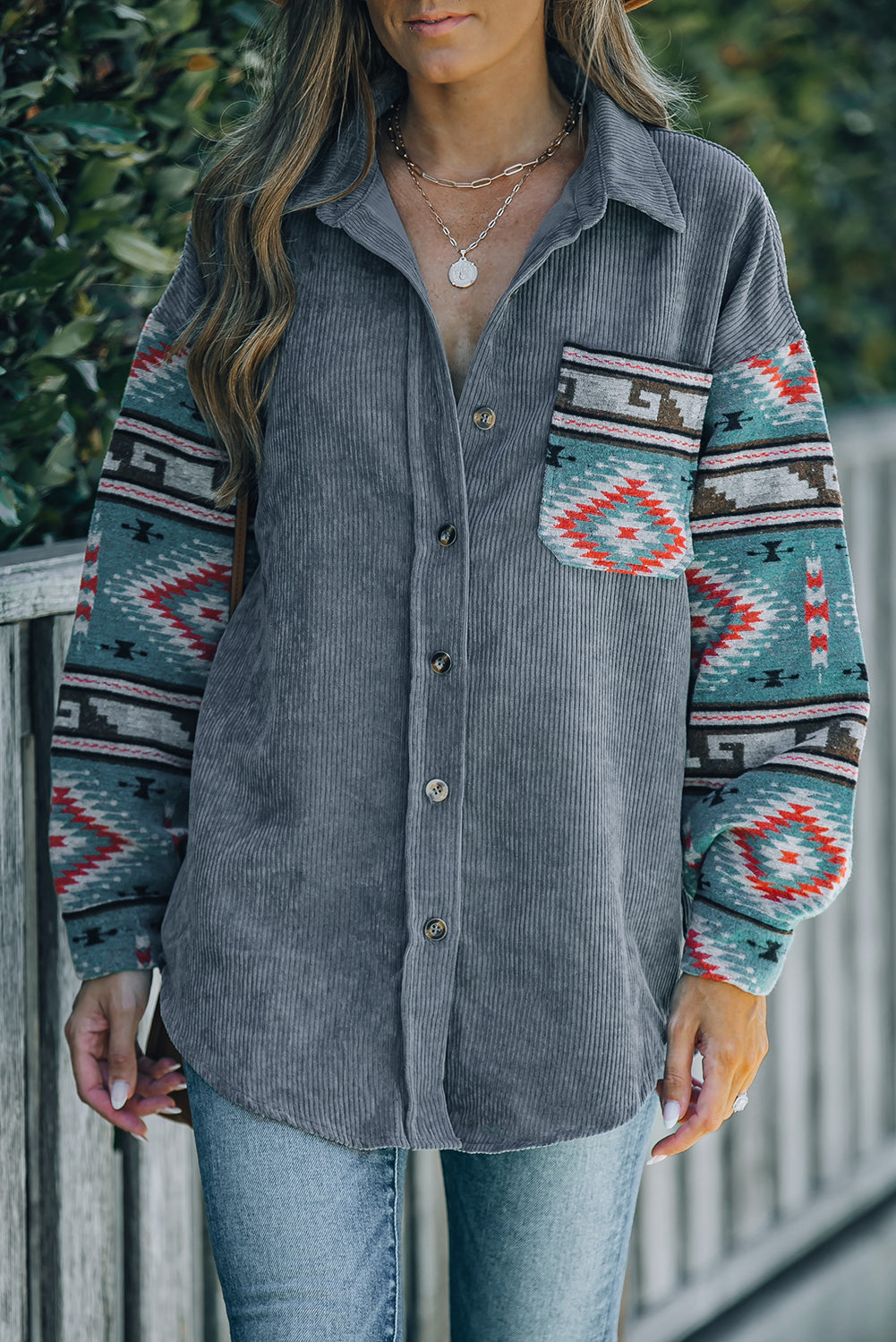 Aztec Pattern Sleeve Pocketed Corduroy Shacket featuring a stylish design with a collar, long sleeves, and a bust pocket.