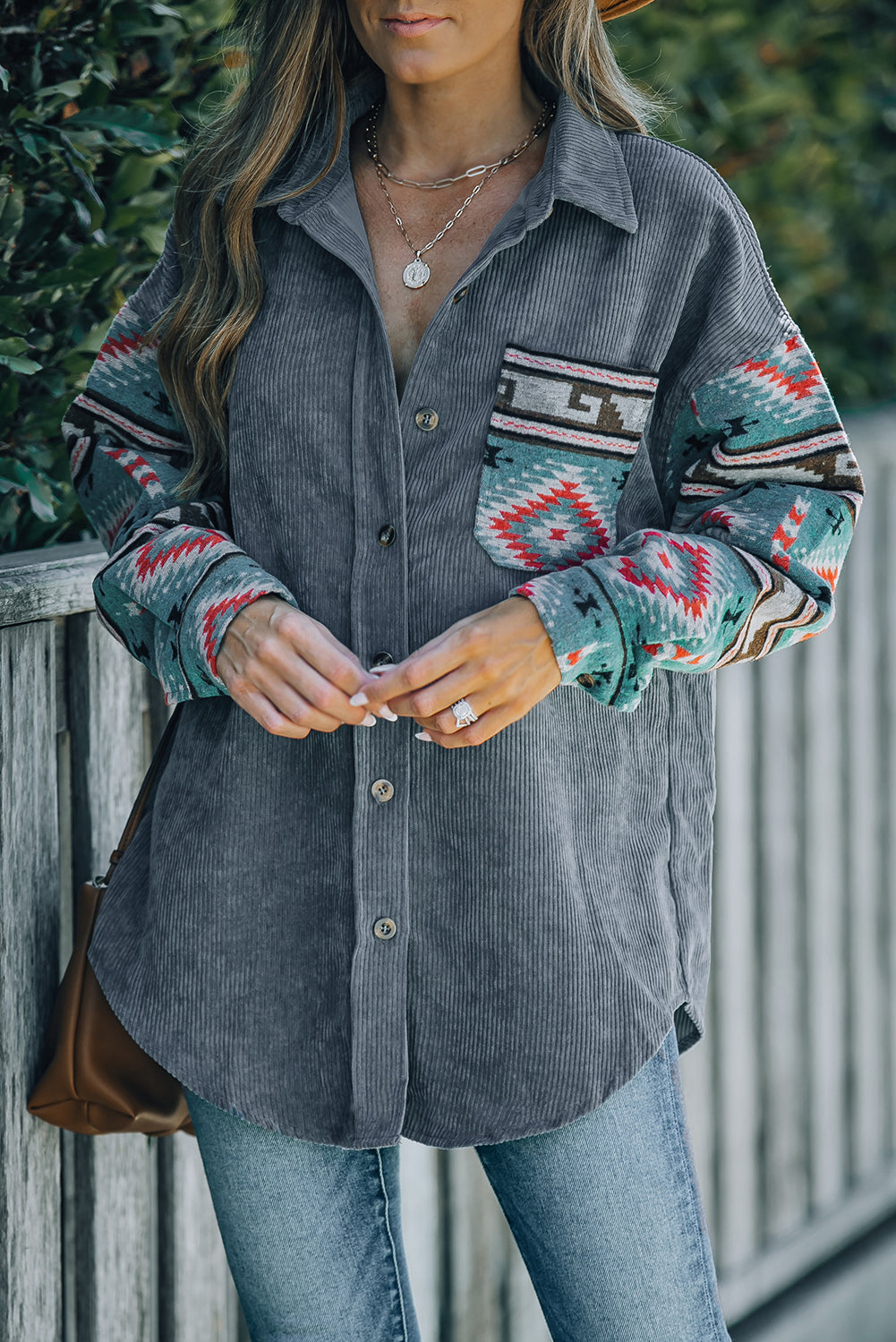 Aztec Pattern Sleeve Pocketed Corduroy Shacket featuring a stylish design with a collar, long sleeves, and a bust pocket.