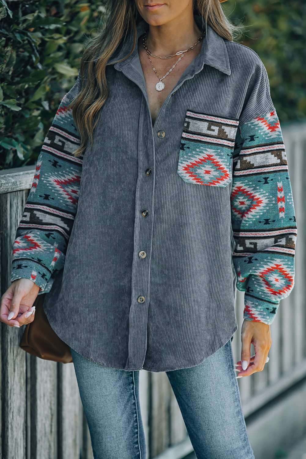 Aztec Pattern Sleeve Pocketed Corduroy Shacket featuring a stylish design with a collar, long sleeves, and a bust pocket.