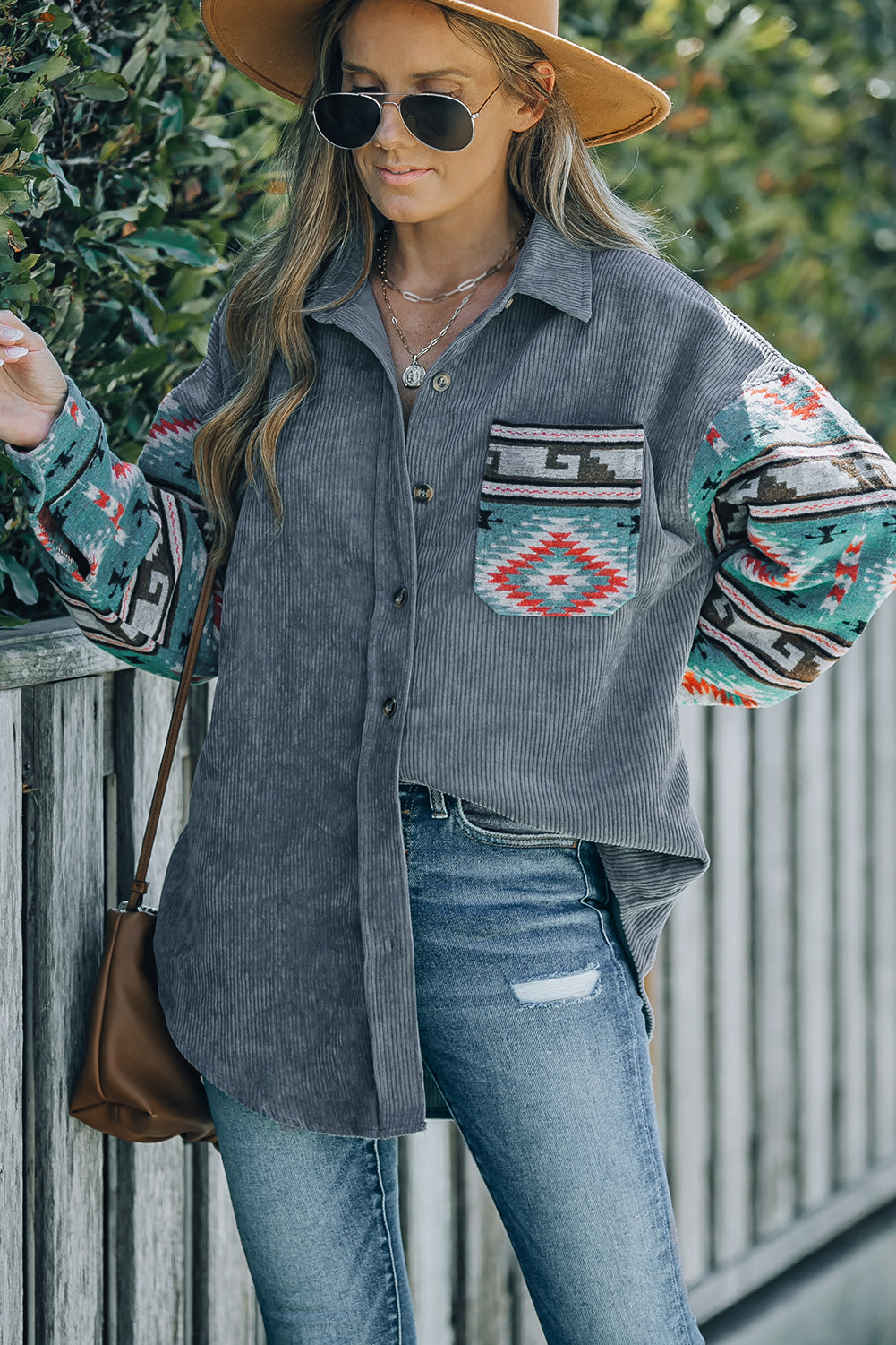 Aztec Pattern Sleeve Pocketed Corduroy Shacket featuring a stylish design with a collar, long sleeves, and a bust pocket.