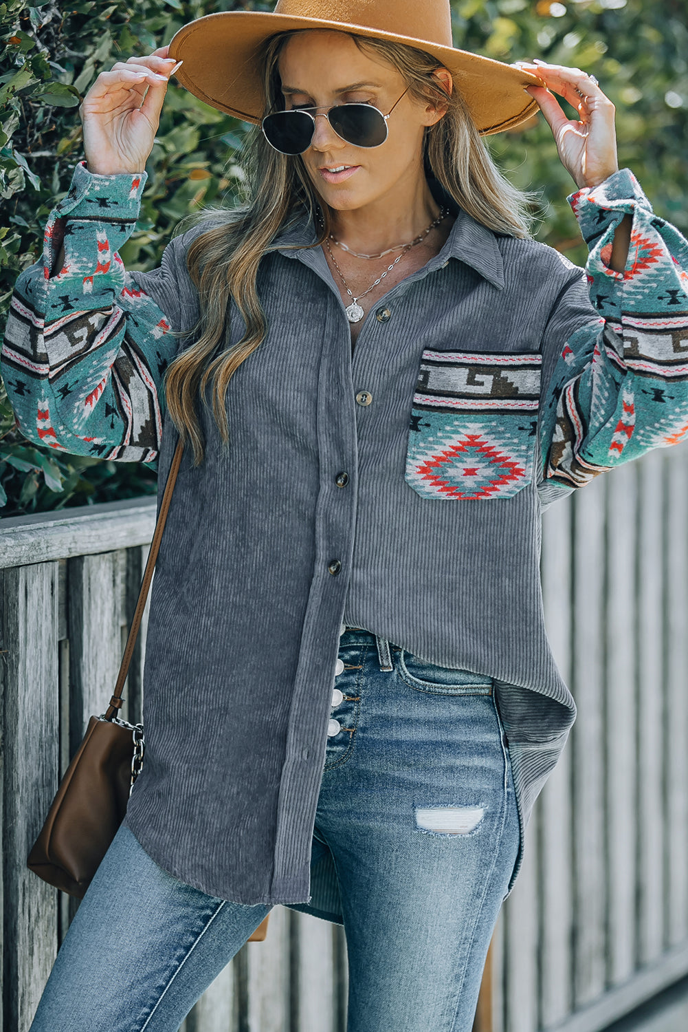 Aztec Pattern Sleeve Pocketed Corduroy Shacket featuring a stylish design with a collar, long sleeves, and a bust pocket.