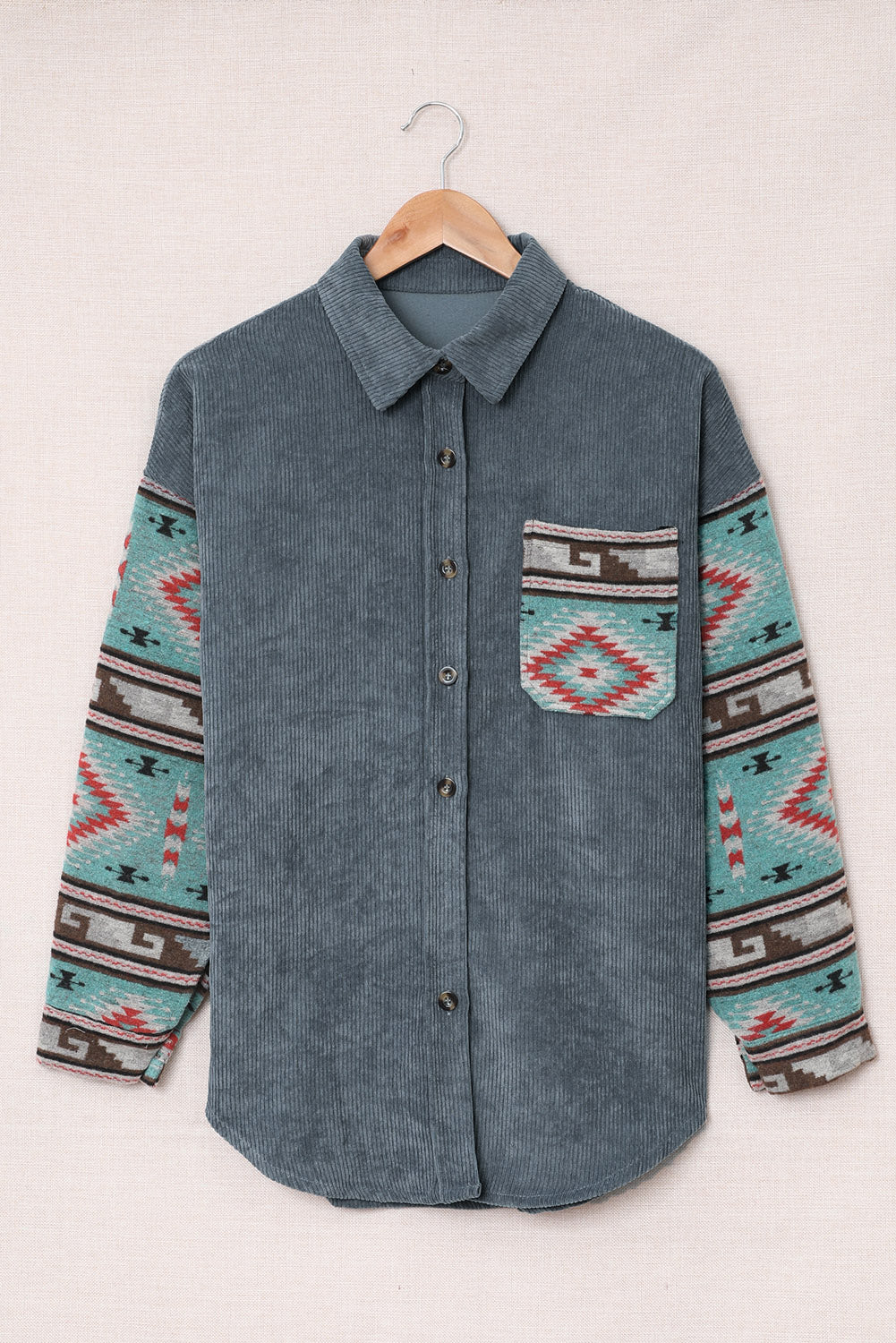 Aztec Pattern Sleeve Pocketed Corduroy Shacket featuring a stylish design with a collar, long sleeves, and a bust pocket.