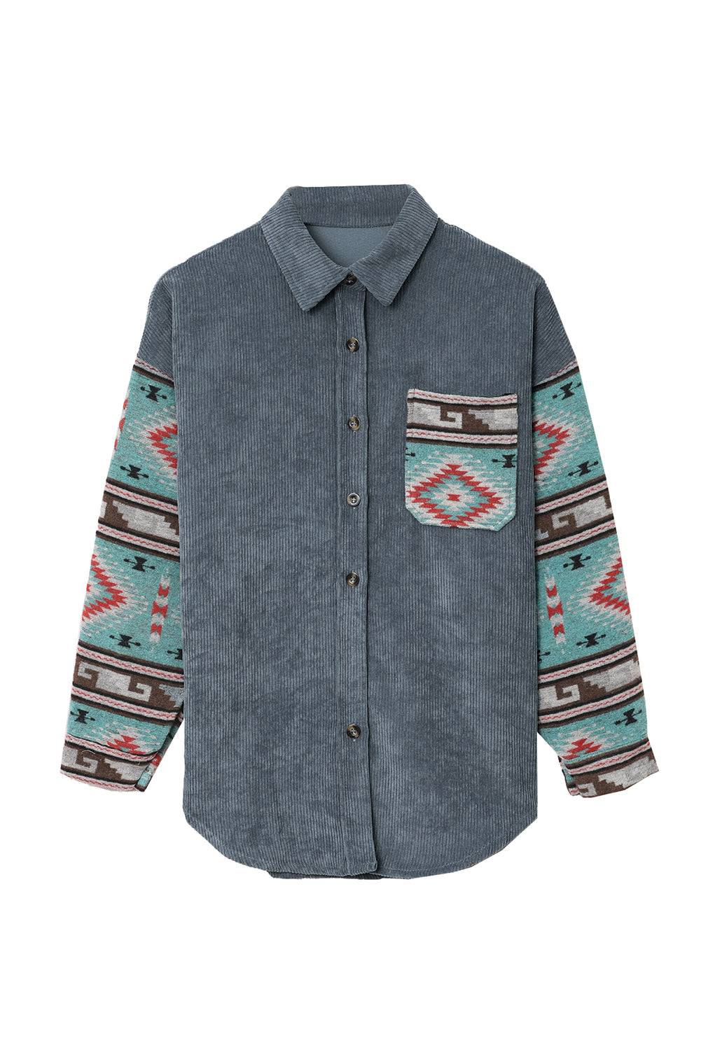 Aztec Pattern Sleeve Pocketed Corduroy Shacket featuring a stylish design with a collar, long sleeves, and a bust pocket.