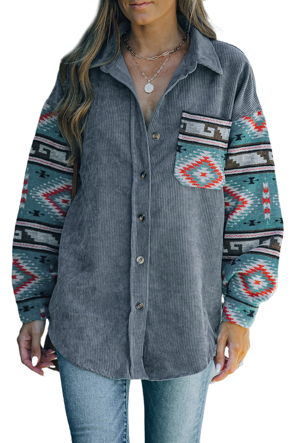 Aztec Pattern Sleeve Pocketed Corduroy Shacket featuring a stylish design with a collar, long sleeves, and a bust pocket.