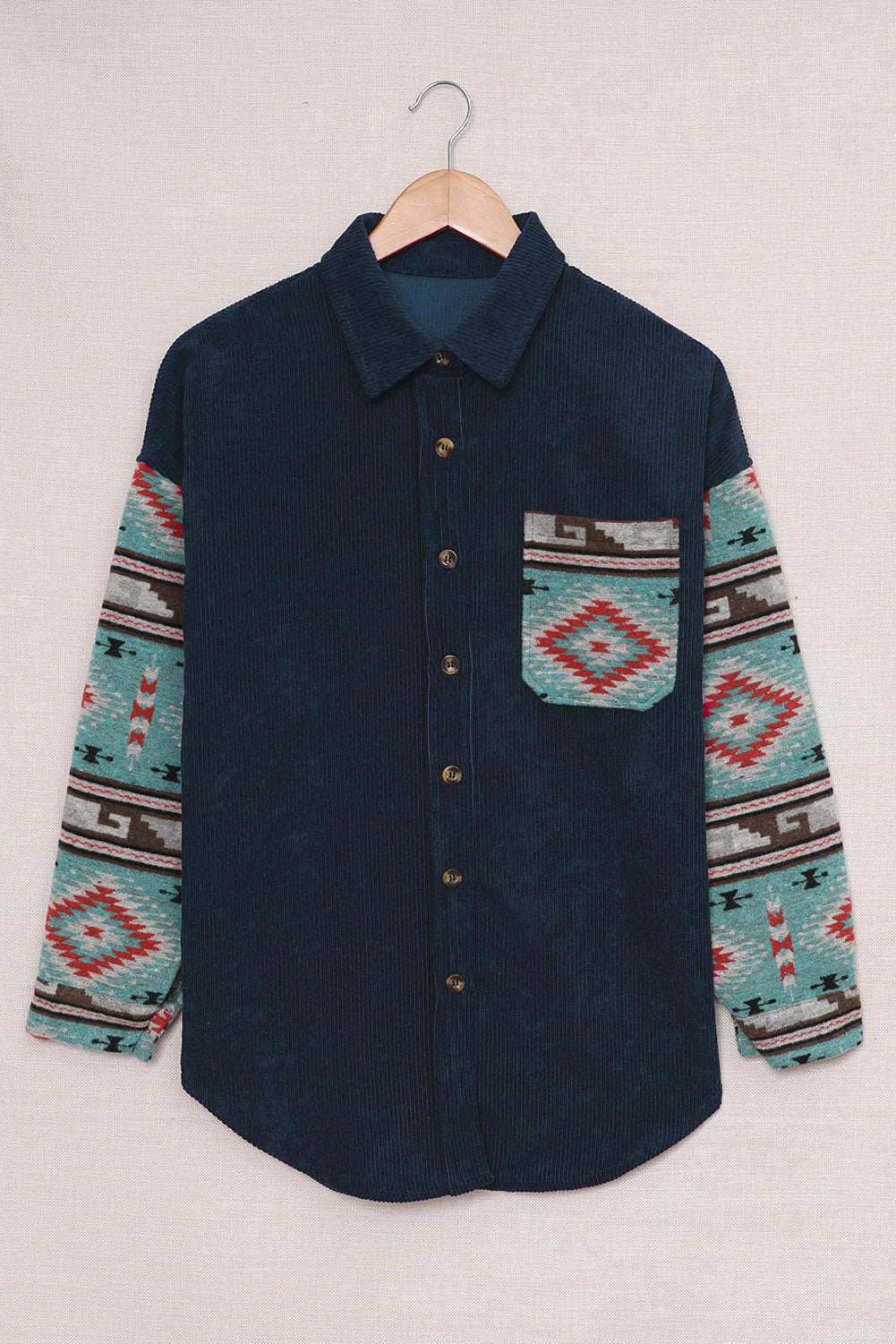 Aztec Pattern Sleeve Pocketed Corduroy Shacket featuring a stylish design with a collar, long sleeves, and a bust pocket.