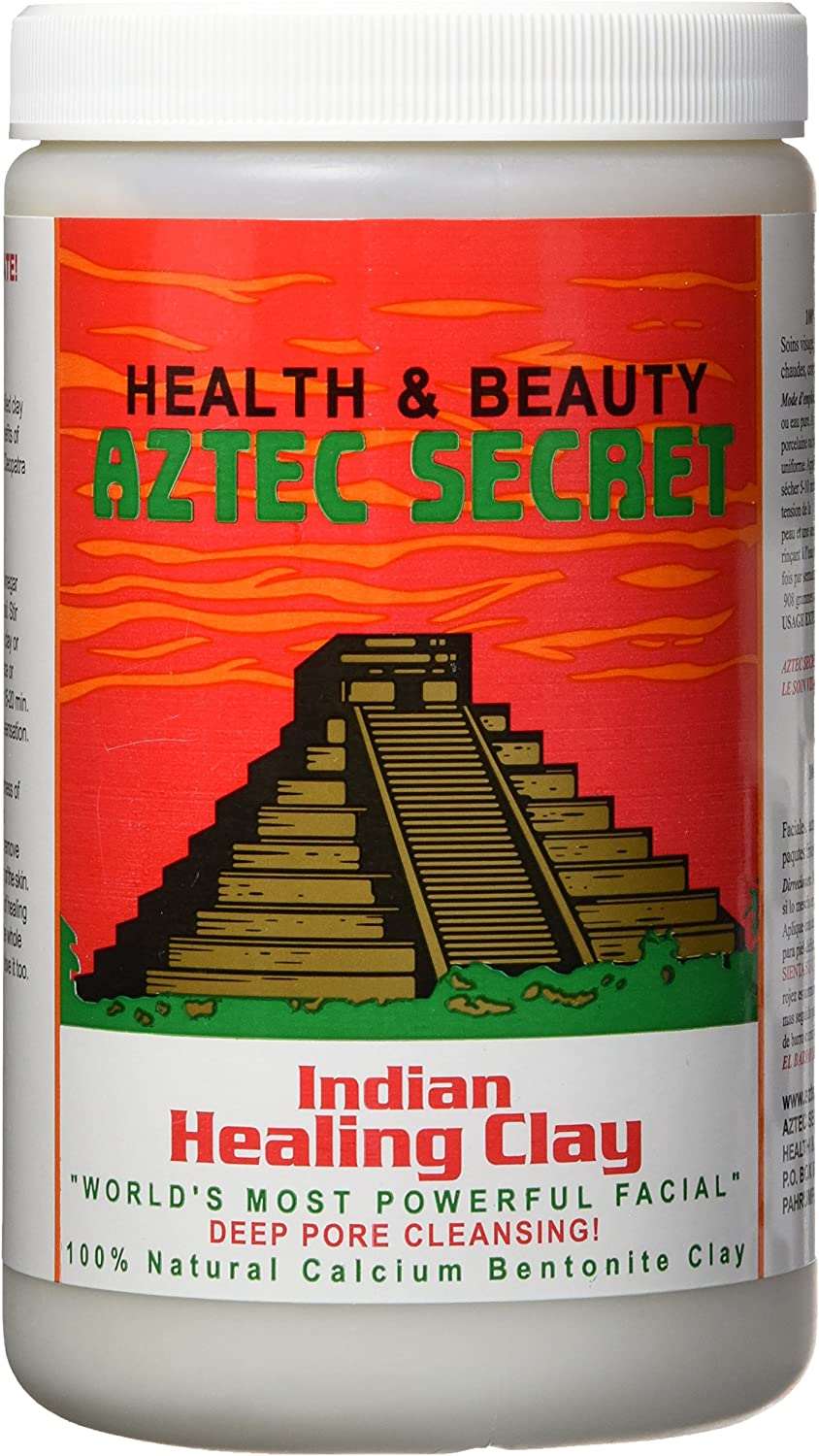 AZTEC SECRET Indian Healing Clay 2lb package showcasing the natural calcium bentonite clay inside, ideal for deep pore cleansing and facials.