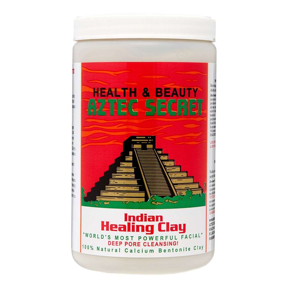 AZTEC SECRET Indian Healing Clay 2lb package showcasing the natural calcium bentonite clay inside, ideal for deep pore cleansing and facials.