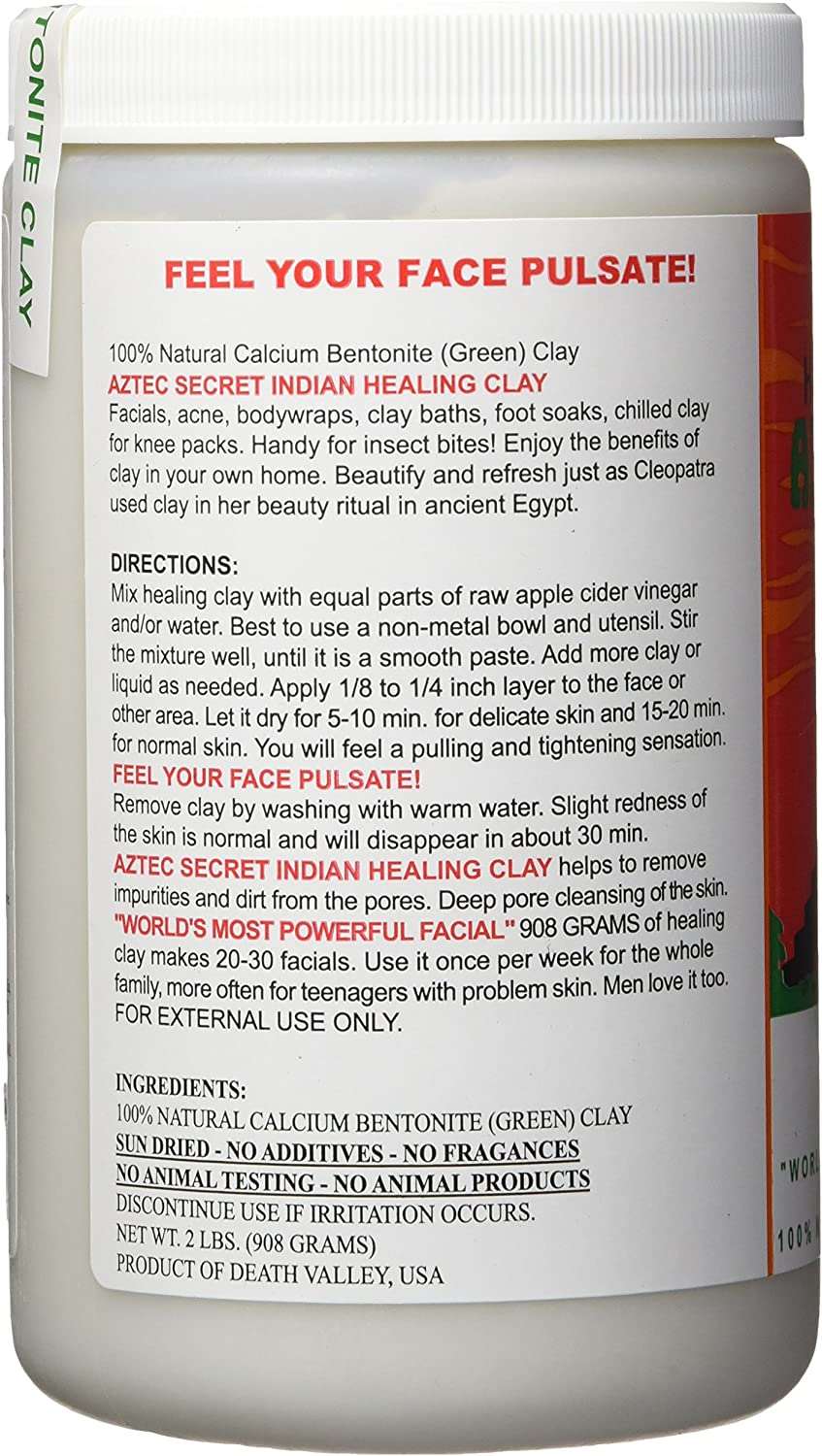 AZTEC SECRET Indian Healing Clay 2lb package showcasing the natural calcium bentonite clay inside, ideal for deep pore cleansing and facials.