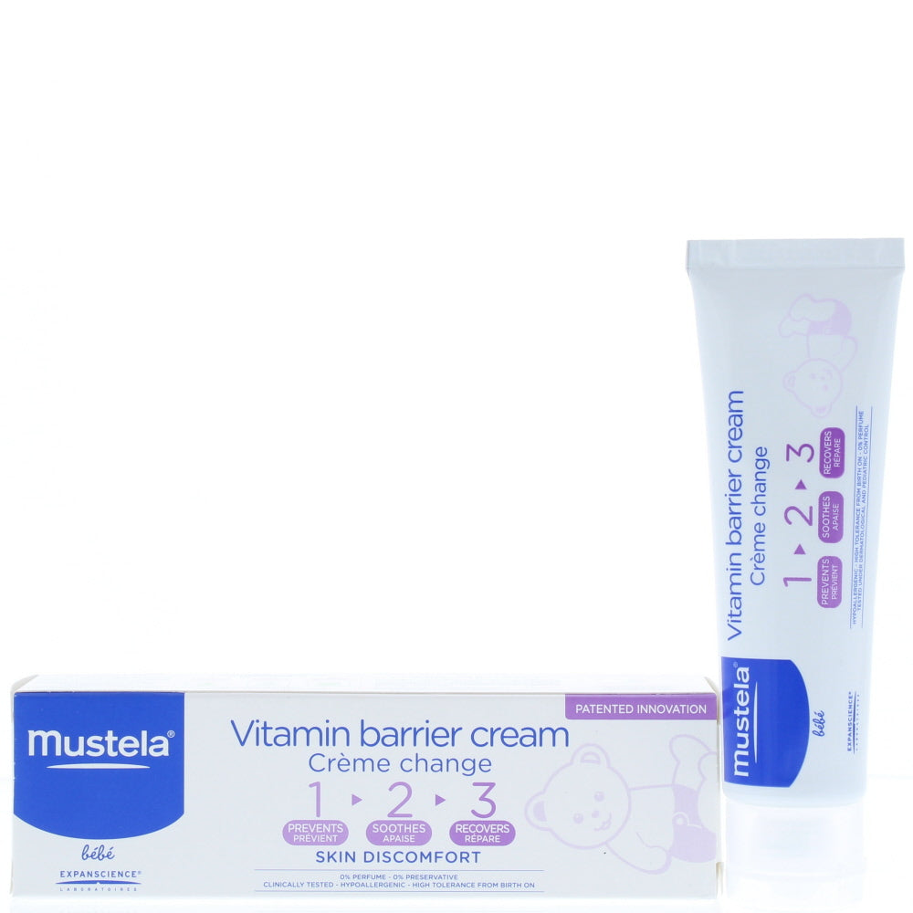 Mustela Bébé Vitamin Barrier Cream in a tube, designed for baby's sensitive skin protection.