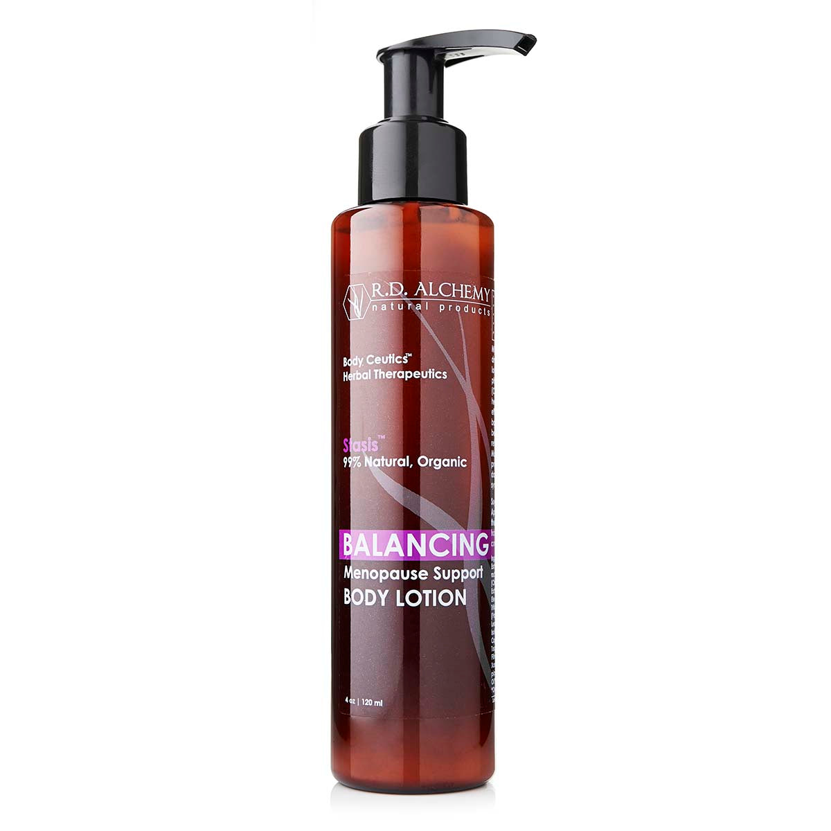 A bottle of Balancing Body Lotion designed for PMS and menopause relief, featuring a soothing formula for normal to dry skin.