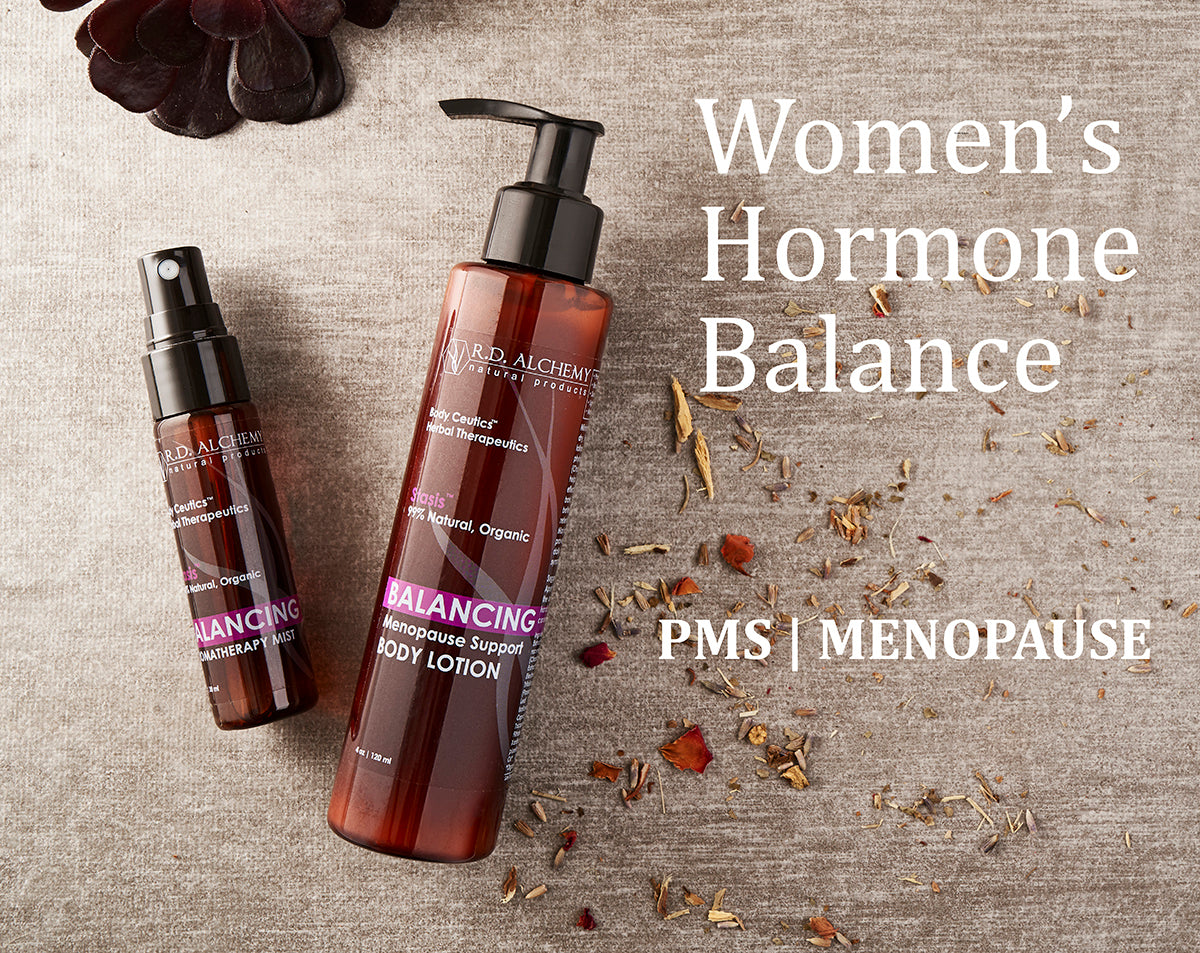 A bottle of Balancing Body Lotion designed for PMS and menopause relief, featuring a soothing formula for normal to dry skin.