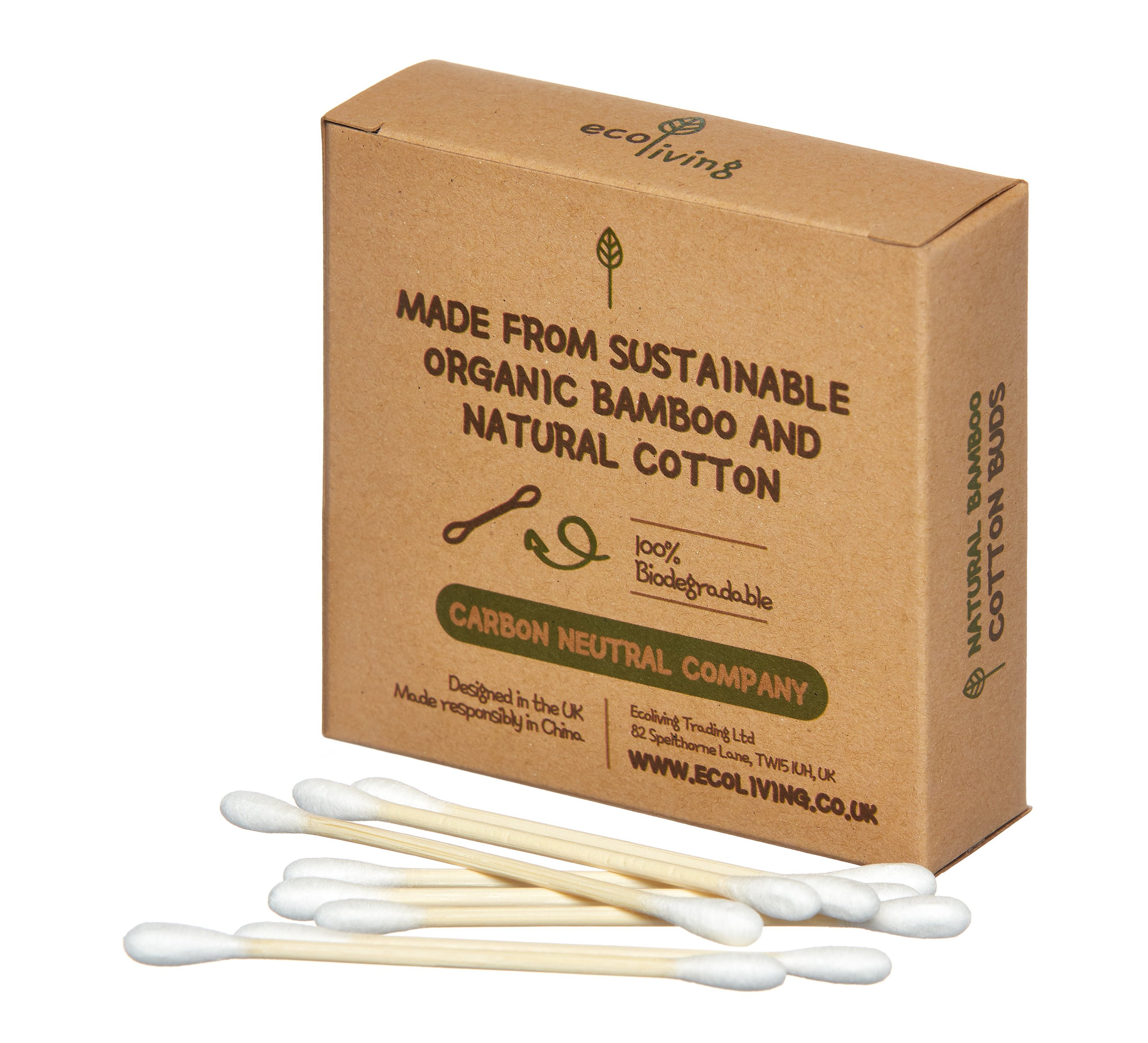 Eco-friendly bamboo cotton buds in recycled paper packaging, showcasing their biodegradable and sustainable features.