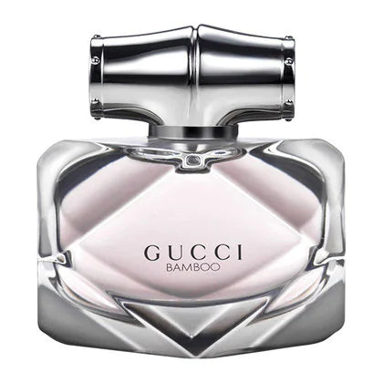 Gucci Bamboo Eau de Parfum bottle with a bamboo-inspired cap, showcasing its elegant design and floral fragrance.