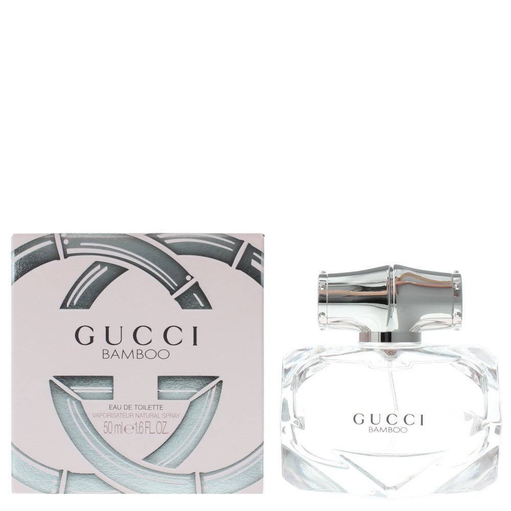 Gucci Bamboo Eau de Toilette in an elegant bottle with a soft pink hue and gold accents, showcasing its modern design.