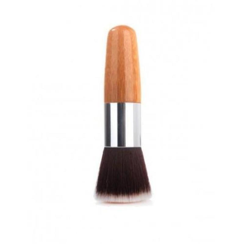 A set of 9 eco-friendly bamboo makeup brushes with soft synthetic bristles, showcasing their sustainable design and variety.