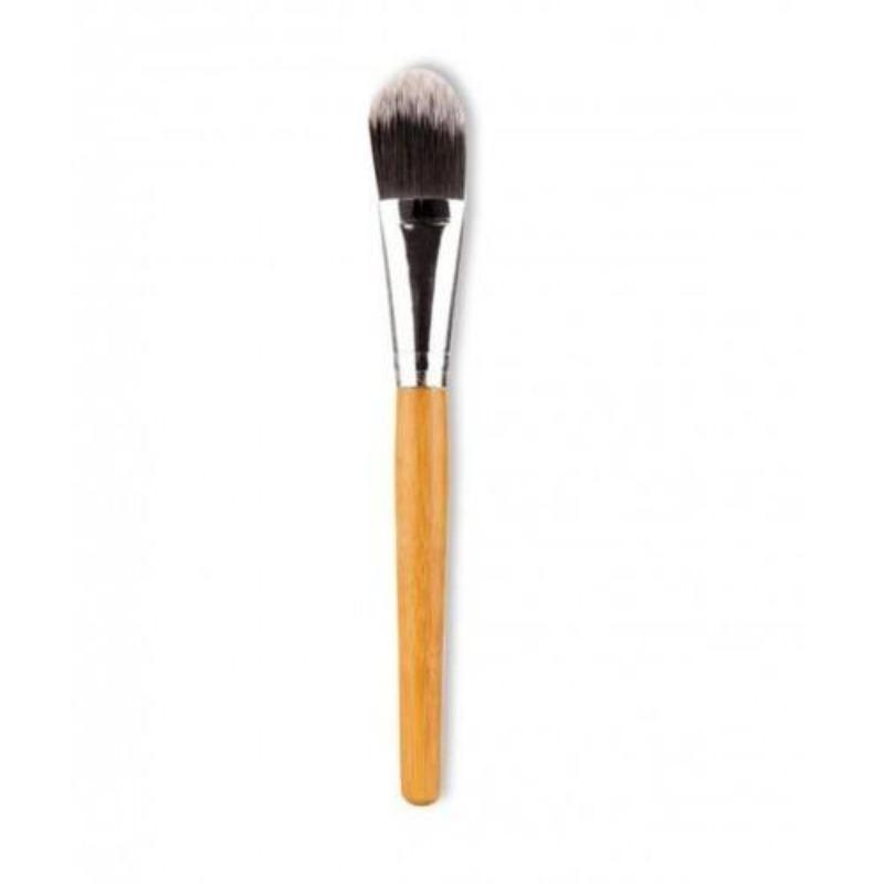 A set of 9 eco-friendly bamboo makeup brushes with soft synthetic bristles, showcasing their sustainable design and variety.